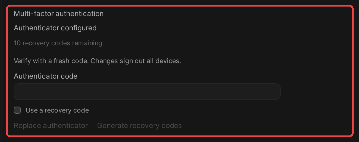 The Multi-factor authentication section of Account settings, outlined in red, showing Authenticator configured, 10 recovery codes remaining, an Authenticator code field, Use a recovery code, Replace authenticator, and Generate recovery codes